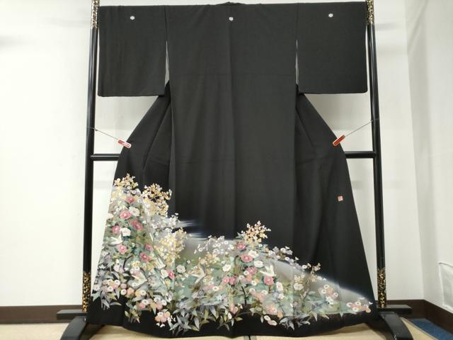 平和屋着物●豪華黒留袖　友禅　作家物　飛鶴草花文　暈し染め　正絹　逸品　CABG0205yc