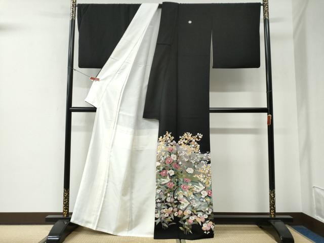 平和屋着物●豪華黒留袖　友禅　作家物　飛鶴草花文　暈し染め　正絹　逸品　CABG0205yc
