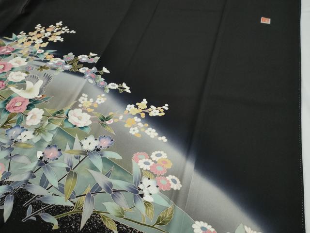 平和屋着物●豪華黒留袖　友禅　作家物　飛鶴草花文　暈し染め　正絹　逸品　CABG0205yc