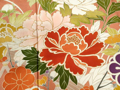 平和屋着物●豪華振袖　駒刺繍　鞠牡丹花文　金彩　正絹　逸品　CABG0208yc