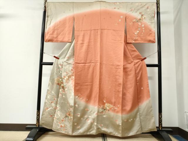平和屋着物●十日町老舗ブランド　吉澤友禅　吾妻徳穂　訪問着　駒刺繍　立波扇橘花文　暈し染め　金彩　正絹　逸品　CABG0223yc