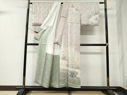 平和屋着物●訪問着　絞り　流水草花文　暈し染め　正絹　逸品　CABG0232yc