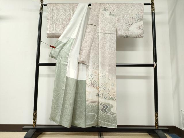 平和屋着物●訪問着　絞り　流水草花文　暈し染め　正絹　逸品　CABG0232yc