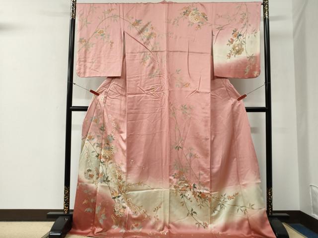 平和屋着物●訪問着　雪輪孔雀草花文　暈し染め　金彩　ロング丈　正絹　逸品　CABG0235yc