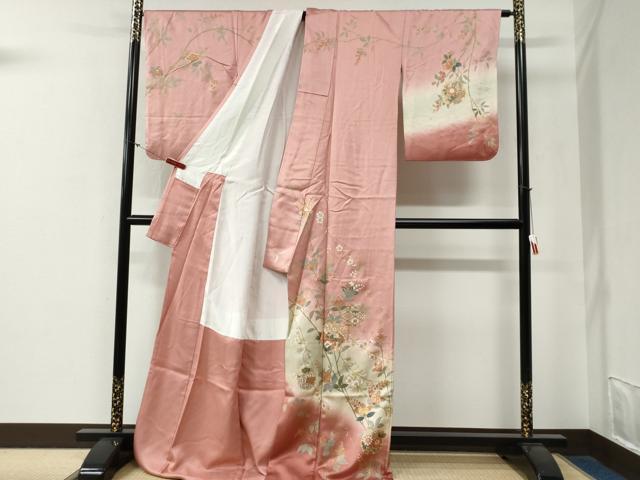 平和屋着物●訪問着　雪輪孔雀草花文　暈し染め　金彩　ロング丈　正絹　逸品　CABG0235yc
