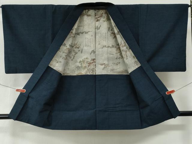 平和屋着物●男性　紬　アンサンブル　色無地　留紺色　正絹　逸品　CABG0238yc