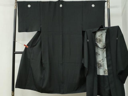 平和屋着物●男性　黒紋付　羽織セット　羽裏：龍　正絹　逸品　CABG0239yc