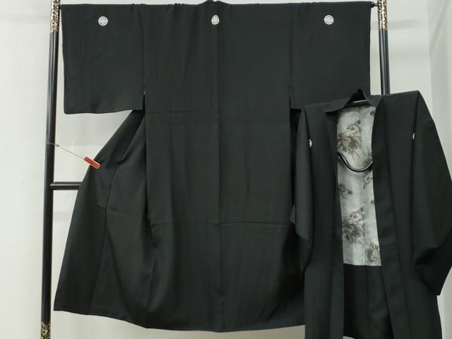 平和屋着物●男性　黒紋付　羽織セット　羽裏：龍　正絹　逸品　CABG0239yc