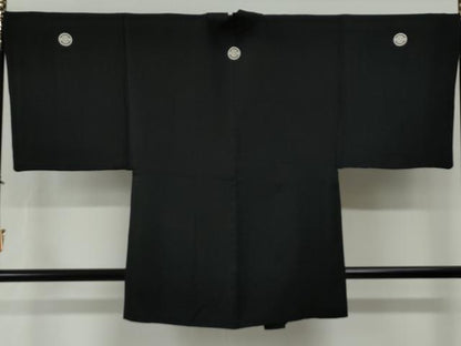 平和屋着物●男性　黒紋付　羽織セット　羽裏：龍　正絹　逸品　CABG0239yc