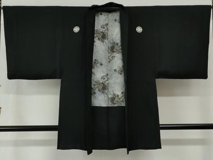 平和屋着物●男性　黒紋付　羽織セット　羽裏：龍　正絹　逸品　CABG0239yc