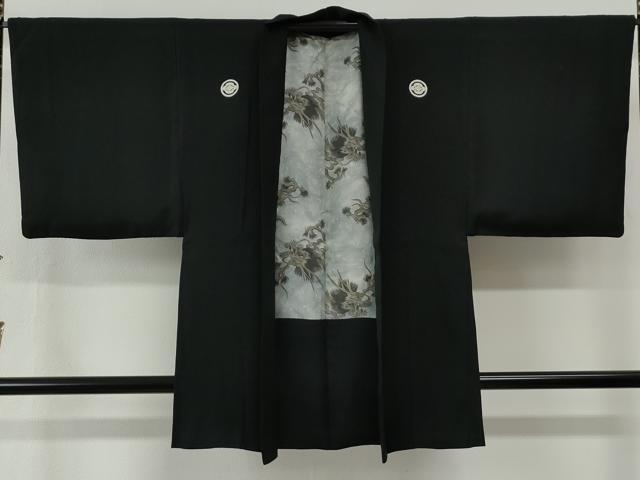 平和屋着物●男性　黒紋付　羽織セット　羽裏：龍　正絹　逸品　CABG0239yc
