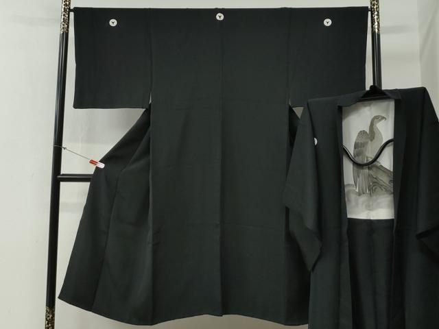 平和屋着物●男性　黒紋付　羽織セット　羽裏：鷹　正絹　逸品　CABG0240yc
