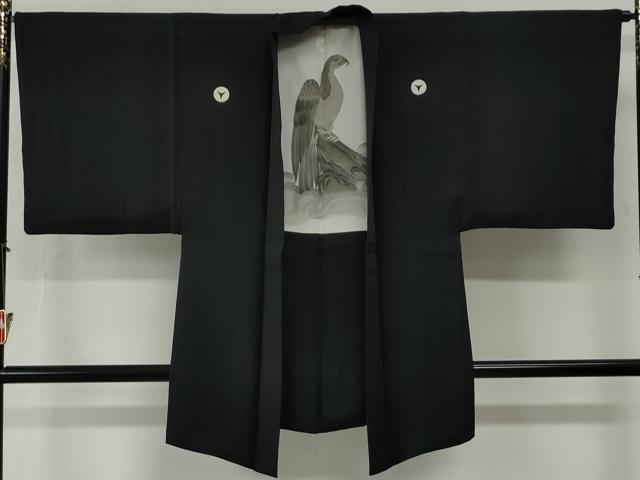 平和屋着物●男性　黒紋付　羽織セット　羽裏：鷹　正絹　逸品　CABG0240yc