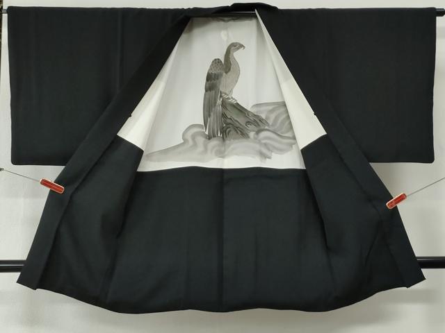 平和屋着物●男性　黒紋付　羽織セット　羽裏：鷹　正絹　逸品　CABG0240yc