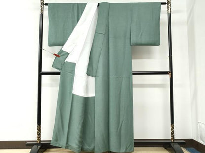 平和屋着物●上質な色無地　舞花地紋　千草色　正絹　逸品　CABG0246yc