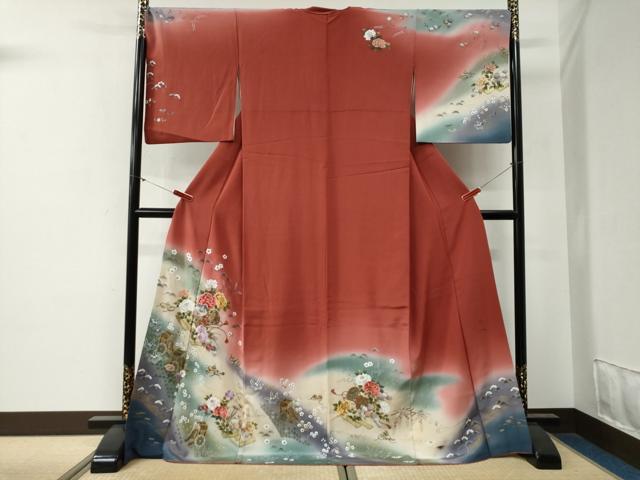 平和屋着物●訪問着　刺繍　鼓御所車草花文　暈し染め　金彩　ロング丈　正絹　逸品　CABG0255yc
