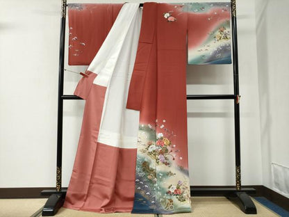 平和屋着物●訪問着　刺繍　鼓御所車草花文　暈し染め　金彩　ロング丈　正絹　逸品　CABG0255yc