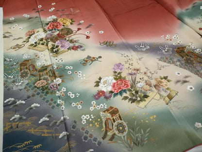 平和屋着物●訪問着　刺繍　鼓御所車草花文　暈し染め　金彩　ロング丈　正絹　逸品　CABG0255yc