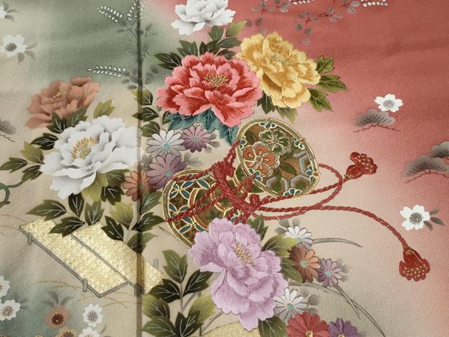 平和屋着物●訪問着　刺繍　鼓御所車草花文　暈し染め　金彩　ロング丈　正絹　逸品　CABG0255yc