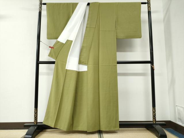 平和屋着物●手描友禅女流作家　一色生子監修　色無地　青朽葉色　正絹　逸品　CABG0263yc