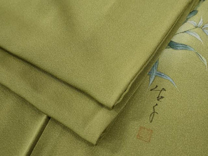 平和屋着物●手描友禅女流作家　一色生子監修　色無地　青朽葉色　正絹　逸品　CABG0263yc