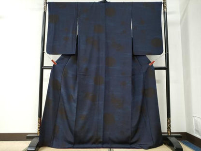 平和屋着物●上質な小紋　枝葉文　紺地　ロング丈　正絹　逸品　CABG0269yc