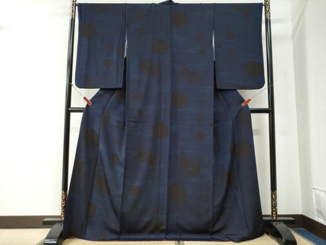 平和屋着物●上質な小紋　枝葉文　紺地　ロング丈　正絹　逸品　CABG0269yc