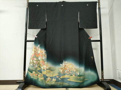 平和屋着物●京友禅の第一人者　松井青々　黒留袖　駒刺繍　雲取り流水草花文　暈し染め　金彩　正絹　逸品　CABG0278yc