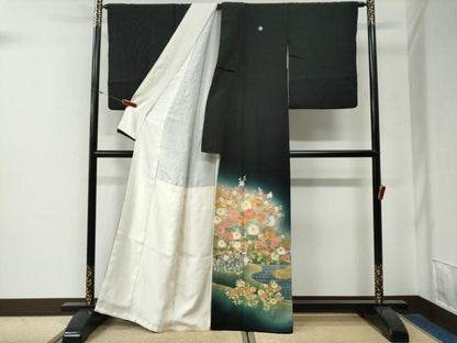 平和屋着物●京友禅の第一人者　松井青々　黒留袖　駒刺繍　雲取り流水草花文　暈し染め　金彩　正絹　逸品　CABG0278yc