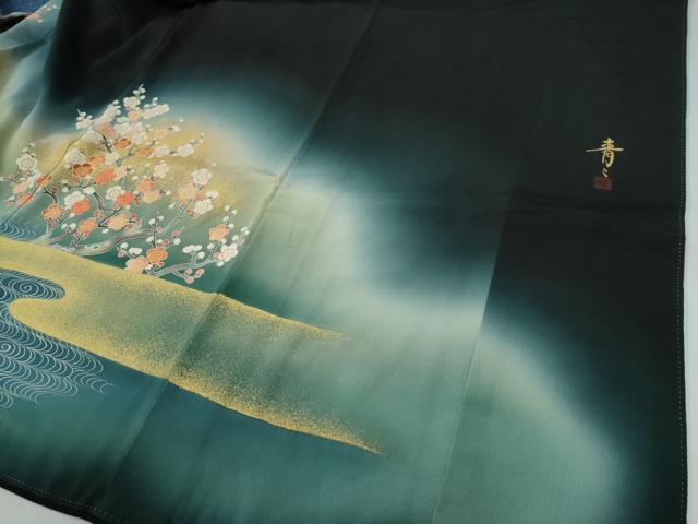 平和屋着物●京友禅の第一人者　松井青々　黒留袖　駒刺繍　雲取り流水草花文　暈し染め　金彩　正絹　逸品　CABG0278yc