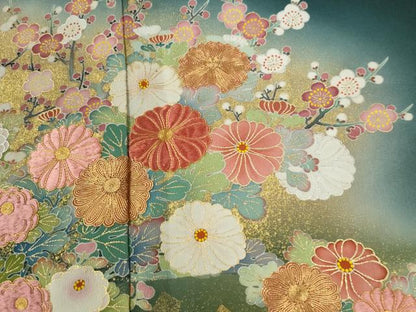 平和屋着物●京友禅の第一人者　松井青々　黒留袖　駒刺繍　雲取り流水草花文　暈し染め　金彩　正絹　逸品　CABG0278yc