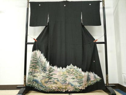 平和屋着物●豪華黒留袖　作家物　樹林鴛鴦浜松草花文　正絹　逸品　CABG0279yc