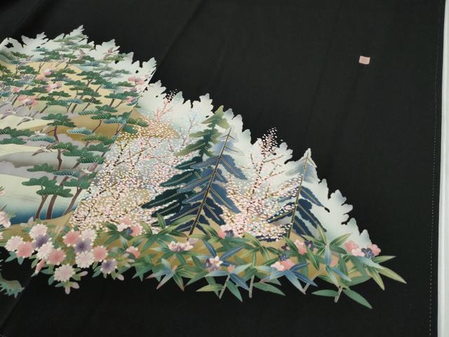 平和屋着物●豪華黒留袖　作家物　樹林鴛鴦浜松草花文　正絹　逸品　CABG0279yc