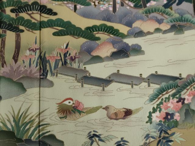 平和屋着物●豪華黒留袖　作家物　樹林鴛鴦浜松草花文　正絹　逸品　CABG0279yc
