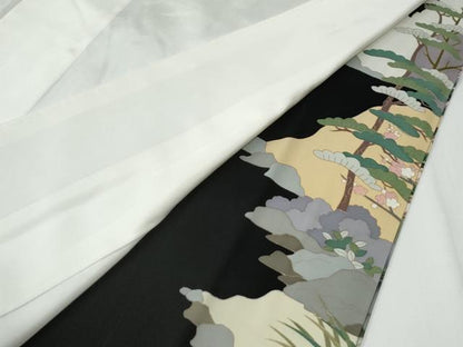 平和屋着物●豪華黒留袖　作家物　樹林鴛鴦浜松草花文　正絹　逸品　CABG0279yc