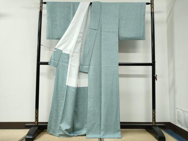 平和屋着物●上質な色無地　風景地紋　千草色　正絹　逸品　CABG0295yc