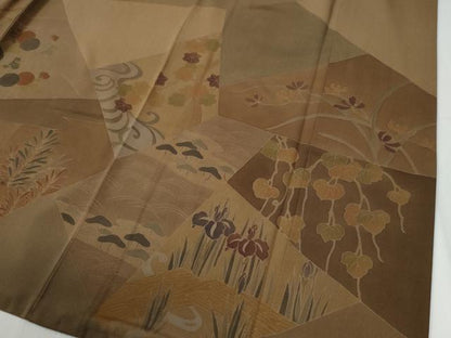 平和屋着物●訪問着　刺繍　竜田川笹竹草花文　反端付き　正絹　逸品　CABG0330yc