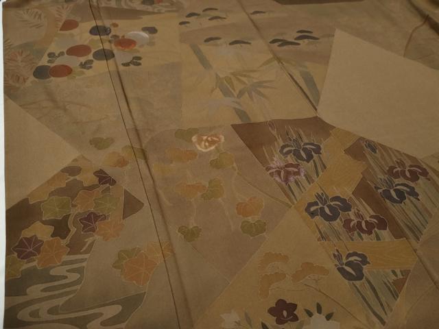 平和屋着物●訪問着　刺繍　竜田川笹竹草花文　反端付き　正絹　逸品　CABG0330yc