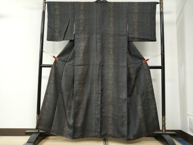 平和屋着物●上質な小紋　紬地　更紗花唐草間道　正絹　逸品　CABG0335yc