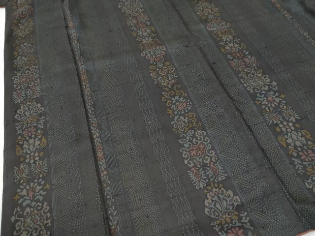 平和屋着物●上質な小紋　紬地　更紗花唐草間道　正絹　逸品　CABG0335yc
