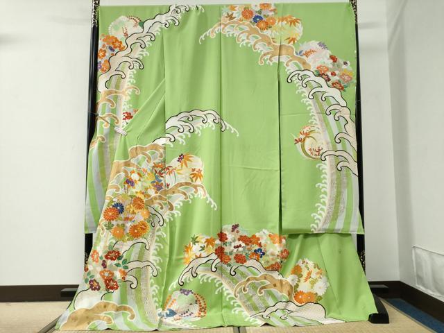 平和屋着物●豪華振袖　京手描友禅　駒刺繍　立波菊花文　金彩　仮絵羽　逸品　未使用　CABG0339yc