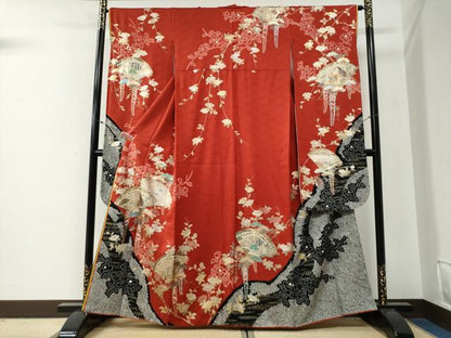 平和屋着物●豪華振袖　絞り　十二単風　檜扇草花文　金銀彩　正絹　逸品　CABG0350yc
