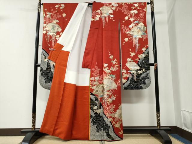 平和屋着物●豪華振袖　絞り　十二単風　檜扇草花文　金銀彩　正絹　逸品　CABG0350yc