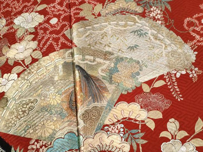 平和屋着物●豪華振袖　絞り　十二単風　檜扇草花文　金銀彩　正絹　逸品　CABG0350yc