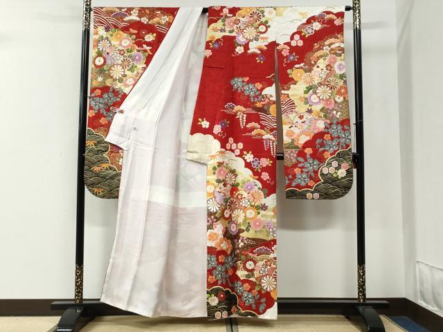 平和屋着物●豪華振袖　駒刺繍　雪輪花松文　金彩　正絹　逸品　CABG0353yc