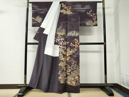平和屋着物●訪問着　紬地　浜松草花文　金彩　正絹　逸品　CABG0365yc