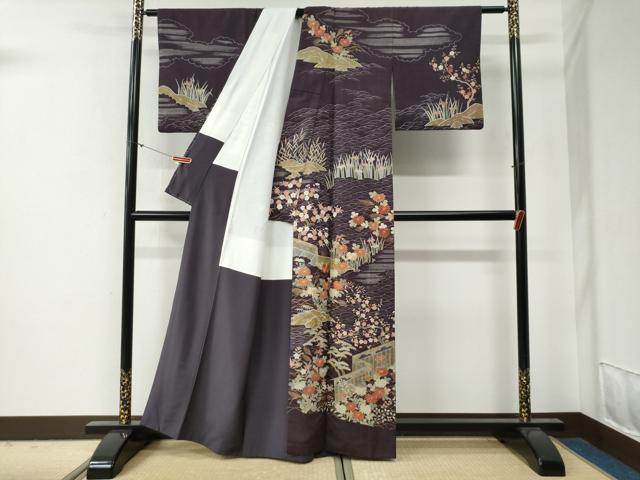 平和屋着物●訪問着　紬地　浜松草花文　金彩　正絹　逸品　CABG0365yc