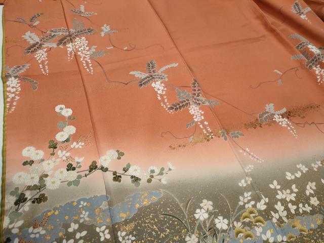 平和屋着物●訪問着　駒刺繍　枝垂れ花文　暈し染め　金彩　正絹　逸品　CABG0373yc