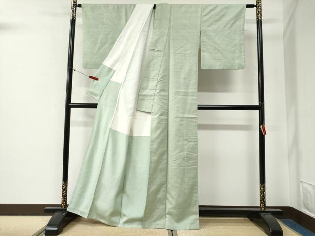平和屋着物●結城紬　色無地　裏葉柳色　正絹　逸品　CABG0386yc