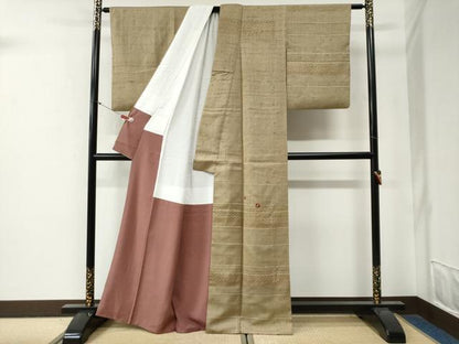 平和屋着物●訪問着　紬地　刺繍　横段吉祥溢れ松葉花文　金糸　正絹　逸品　CABG0390yc